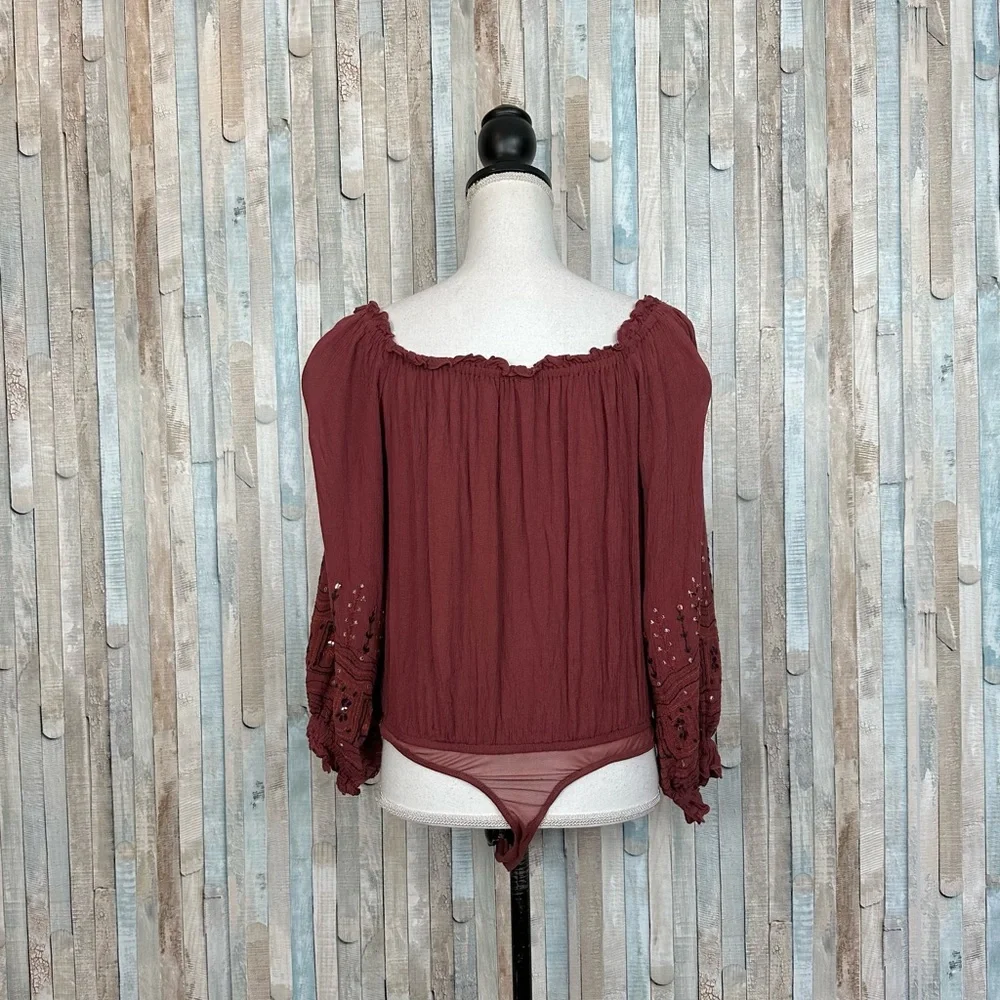 Free People S Red Gauze Embroidered Balloon Sleeve Ella Bodysuit Top Blouse Boho
